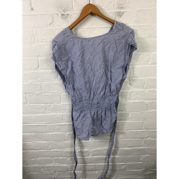 Max Studio Women's V Neck Striped Tie Waist Blouse Sleeveless Blue White Size L - Picture 2 of 5